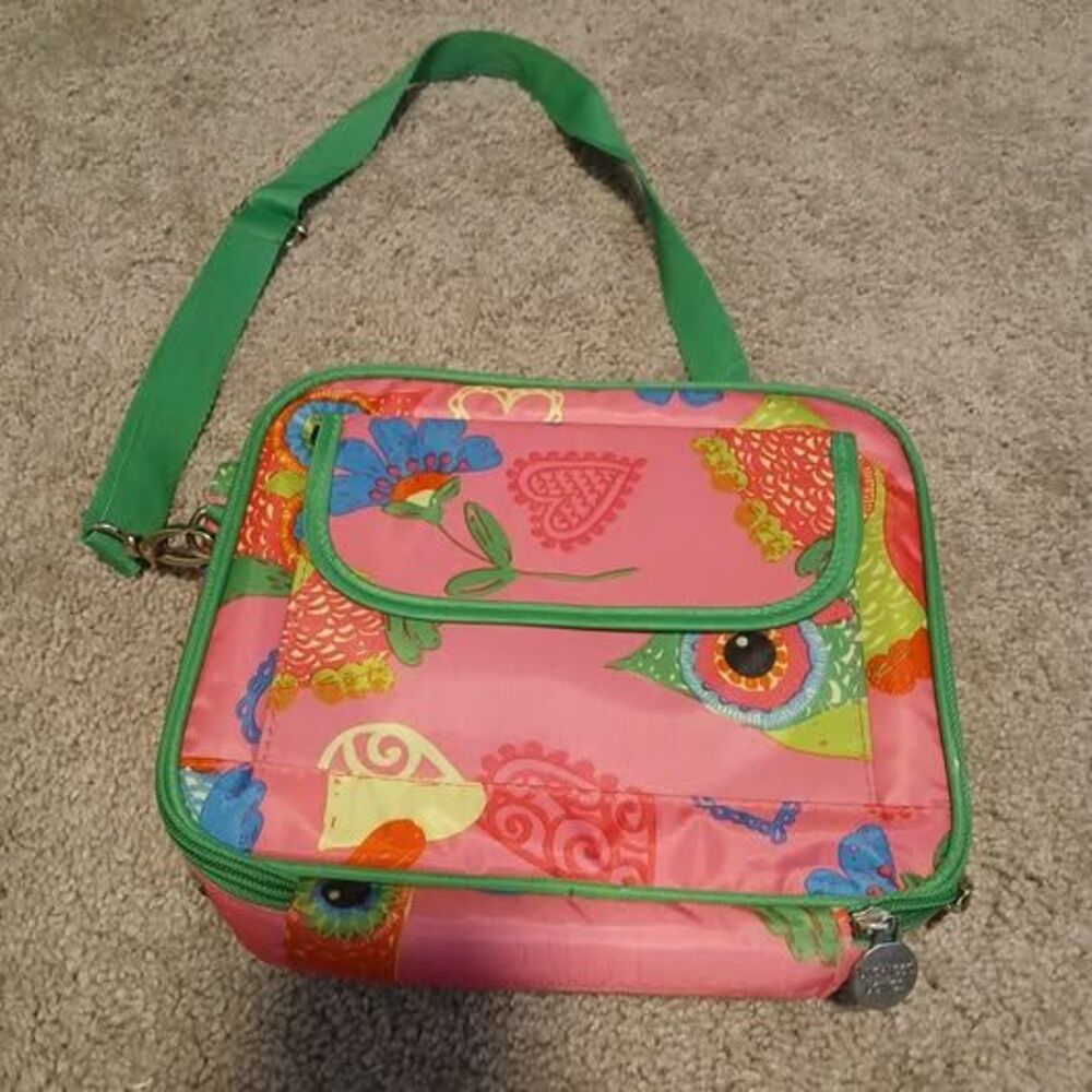 Buckhead Berries insulated lunch bag featuring a pink owl and floral design